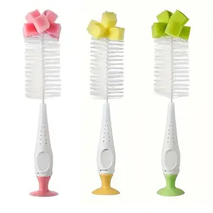Nylon Sponge Milk Bottle Brush with Nipple Brush & Suction Cup, Household Cleaning Brush, Soft Touch Bristles Brush-For Cleaning