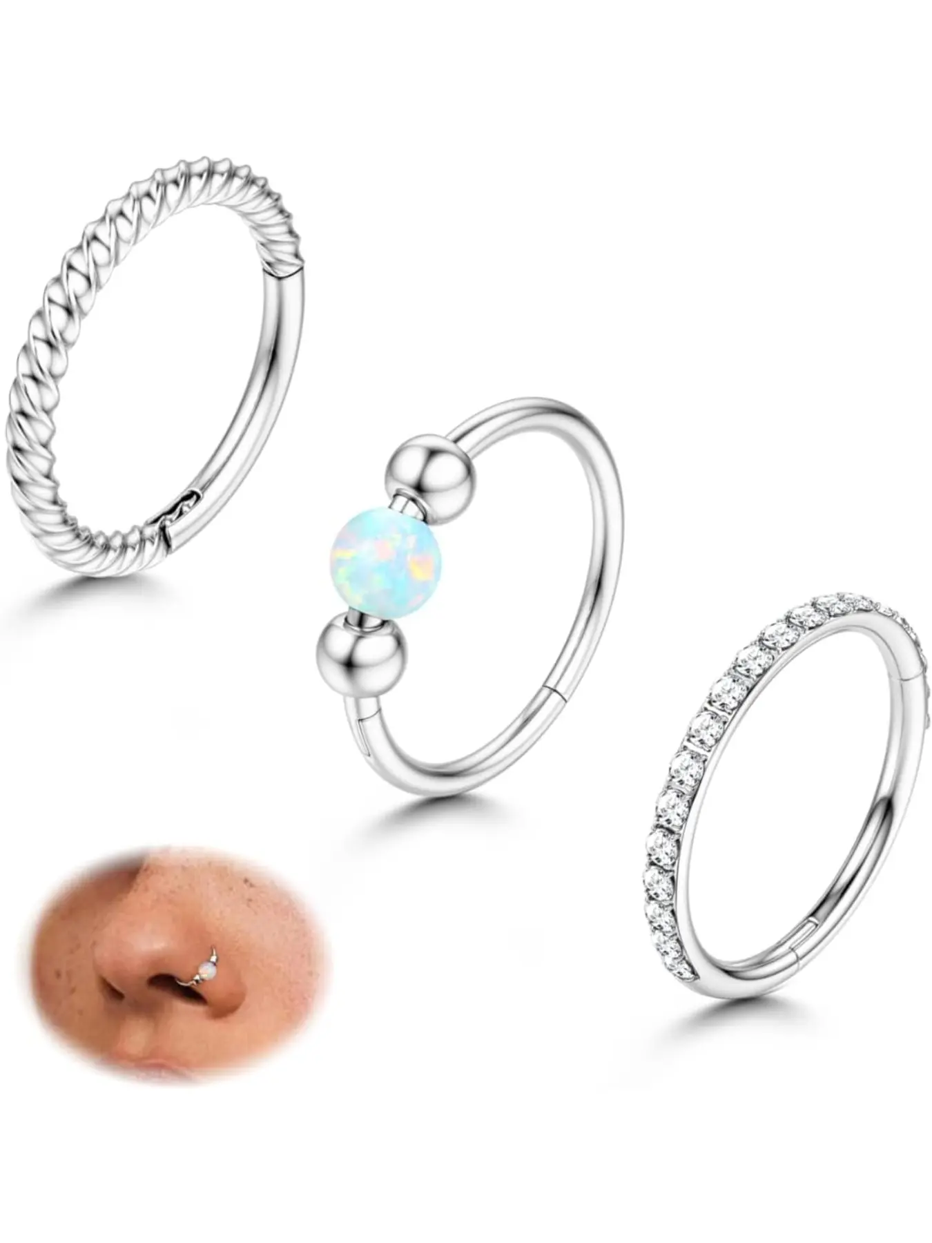 3pcs Hoop Nose Rings for Women, 316L Stainless Steel, 8mm/10mm, Hinged Cz, Casual Style, All Seasons Body Piercing Jewelry