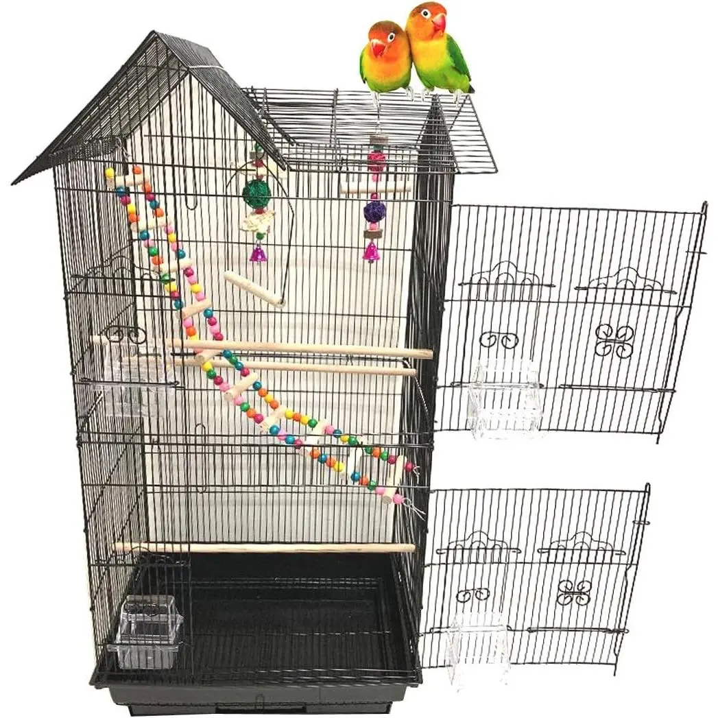 38-Inch Double Roof Top Large Flight Bird Cage with Toys Climbing Ladder Side Nesting Box Doors for Cockatiels Sun Parakeets Conures Aviary Budgie Finch Lovebird Canary Pet Bird Travel Cage