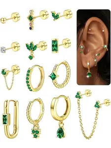 13Pcs Gold Earrings Set for Multiple Piercings Women Flat Back 14K Gold Plated Silver Cartilage Helix Small Stud Earrings Hoops Stainless Steel Huggie Earring Pack Green CZ Earrings