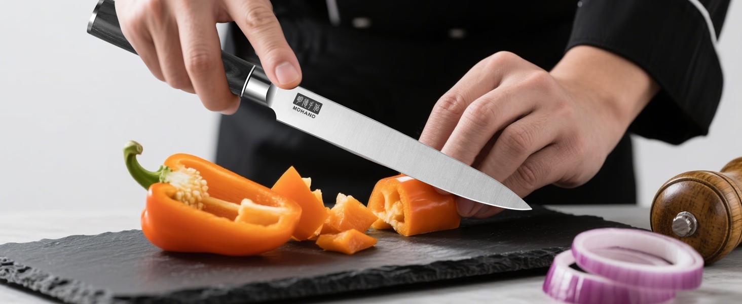 MDHAND Chef Knife Set with Roll Bag, 9PCS Professional Knife Sets with Sharpener, High Carbon Stainless Steel Japanese Kitchen Knives - Black Pakkawood Handle, Dishwasher Safe, For Cooking, Chef Gifts