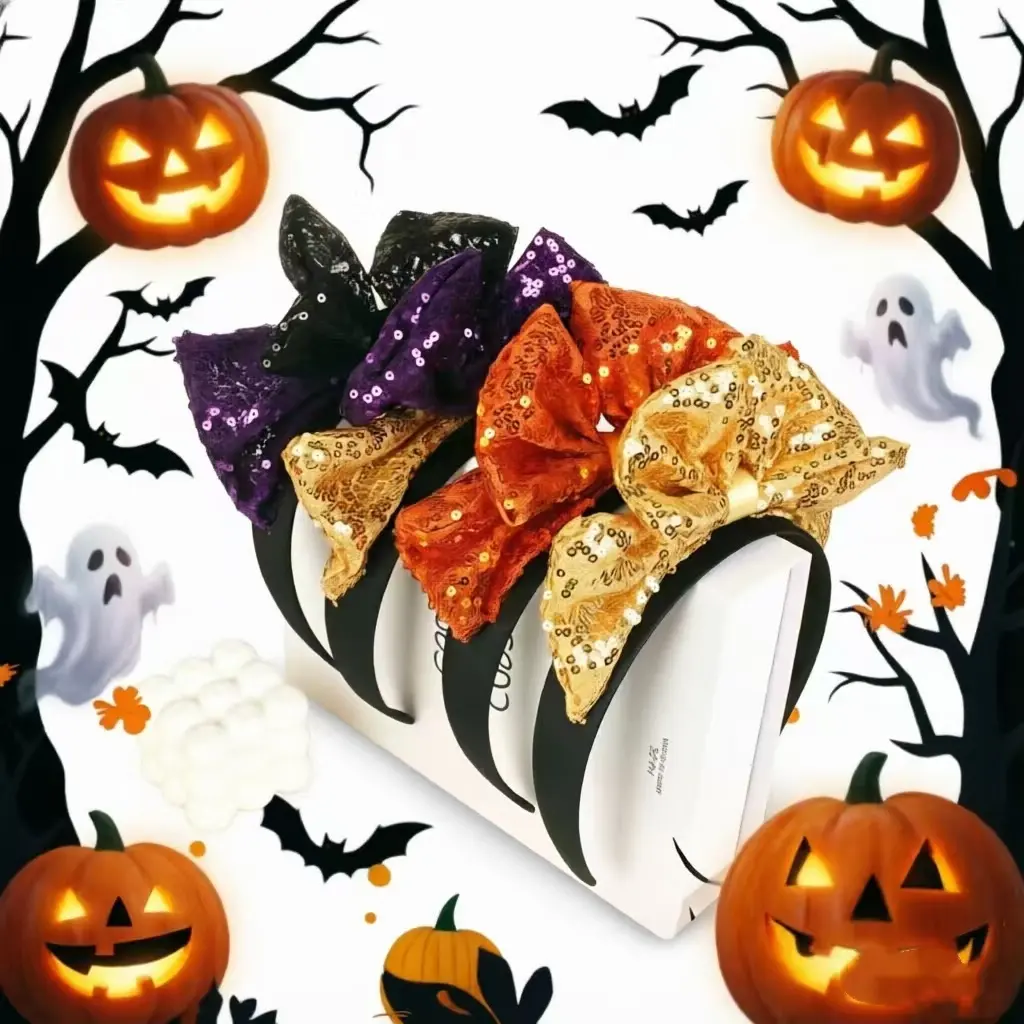 Halloween Sequin Bow Headbands for Women, Sparkly Large Bow Hair Hoop, Pumpkin Ghost Party Cosplay Costume Hair Accessories, 4 Pack