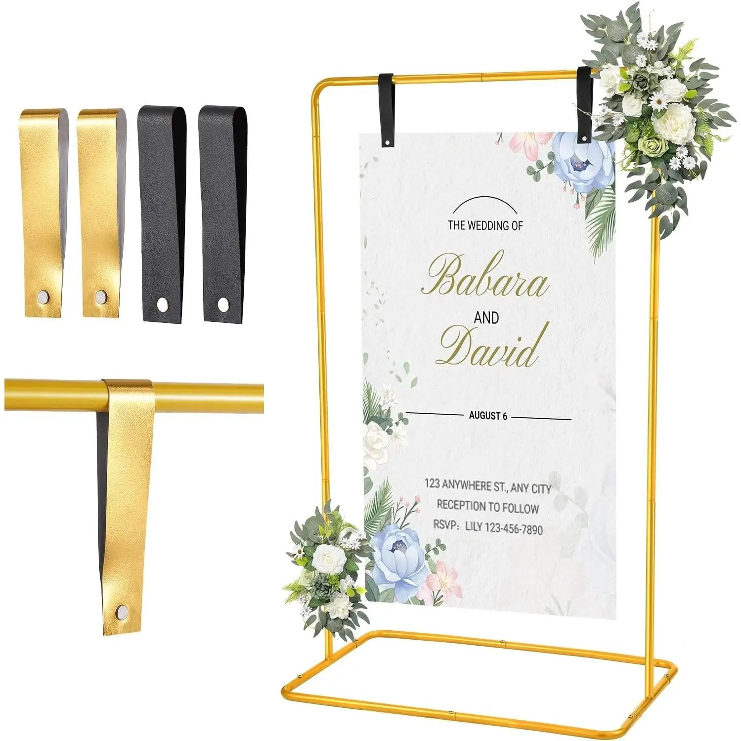 Wedding Welcome Sign Holder, 68”x31”x 20” Welcome to Our Wedding Sign Adjustable Display Stand with 4 Leather Hanging Straps,Gold Easel Stand Personalized for Baby Bridal Valentine