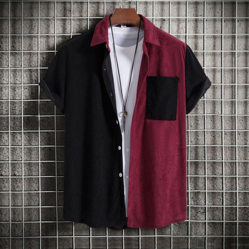 Men's corduroy color-block short-sleeve shirt, casual button-up shirt with chest pocket, vintage summer street style, soft and breathable, suitable for everyday wear
