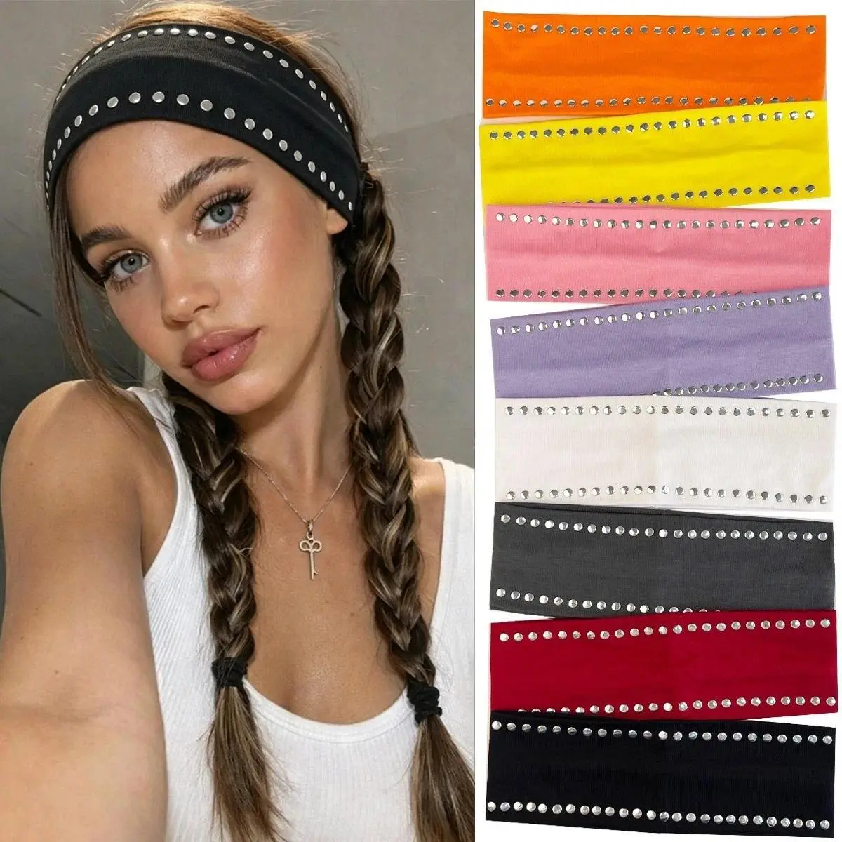 Y2K Metal Stud Wide Elastic Headband for Women Soft Sweatband Punk Double Row Studded Hair Wrap Sports Daily Hair Accessories
