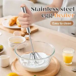 Stainless Steel Hand-Push Rotary Whisk - Semi-Automatic Kitchen Utensil with Sturdy Riveted Construction for Coffee, Egg Whisking