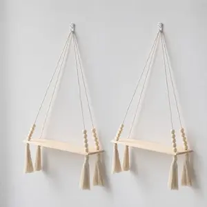 Bohemian Wooden Plant Hanger, Wall Mounted Storage Rack, Cotton Rope Hanging Shelf, Floating Shelf, Wall Shelf Unit, Decorative for Living Room, Bedroom, Bathroom, Plant Hangers Indoor