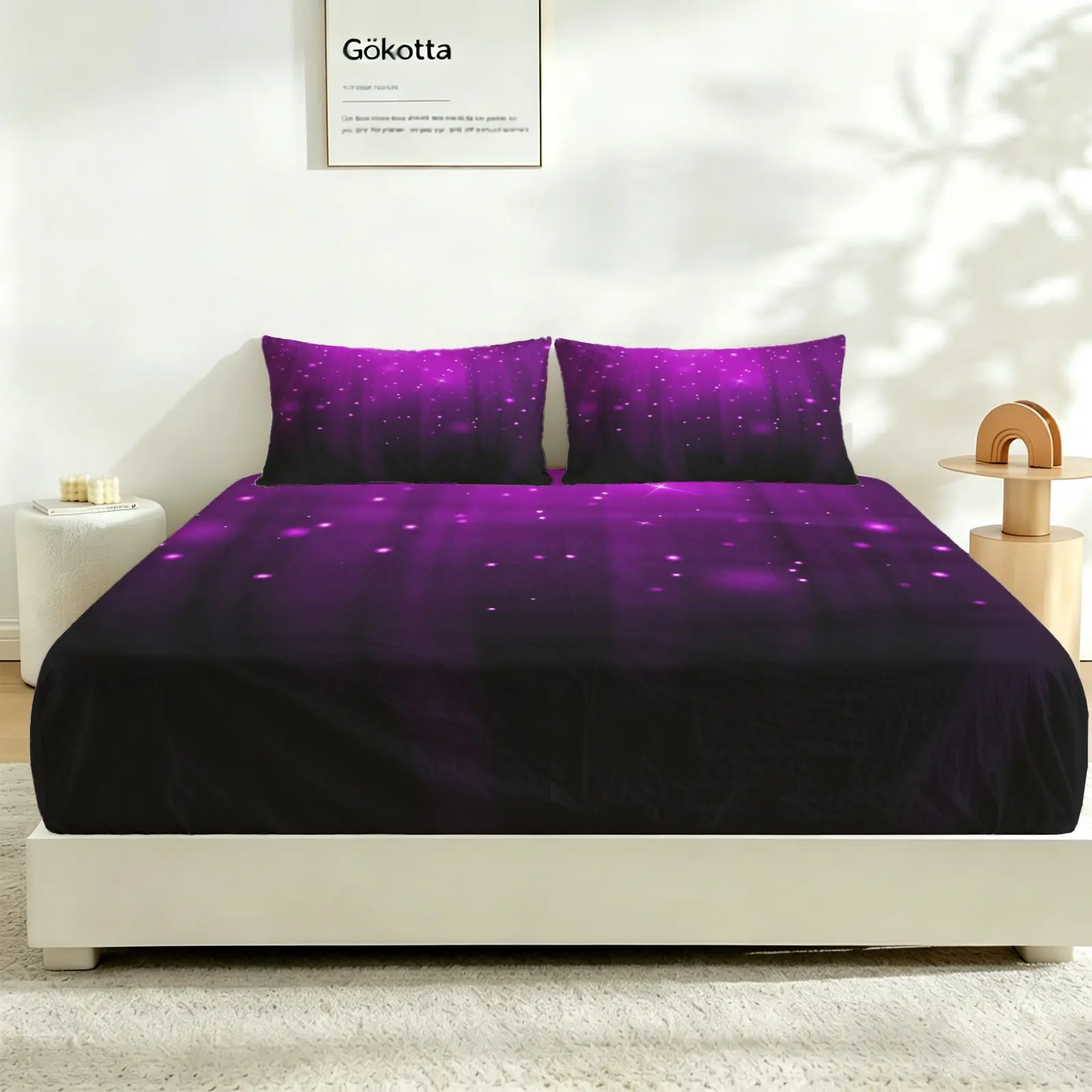 3Pcs Glowing Star Curtain Fitted Sheet Set, No Fillers Elastic Deep Pocket Bed Sheet Set, Breathable Printed Bedding Set, builds gorgeous dreamy luminous atmosphere, popular with young groups for dorm, rental house and bedroom daily decoration.