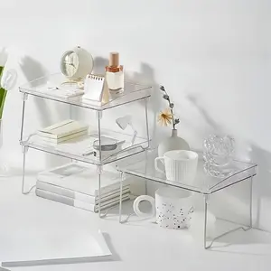 Multi-functional foldable & stackable rack, works as dessert display stand, spice rack and makeup organizer. Made of transparent clear plastic, ideal for organizing kitchen countertop, cabinet, bathroom, desk and storage room
