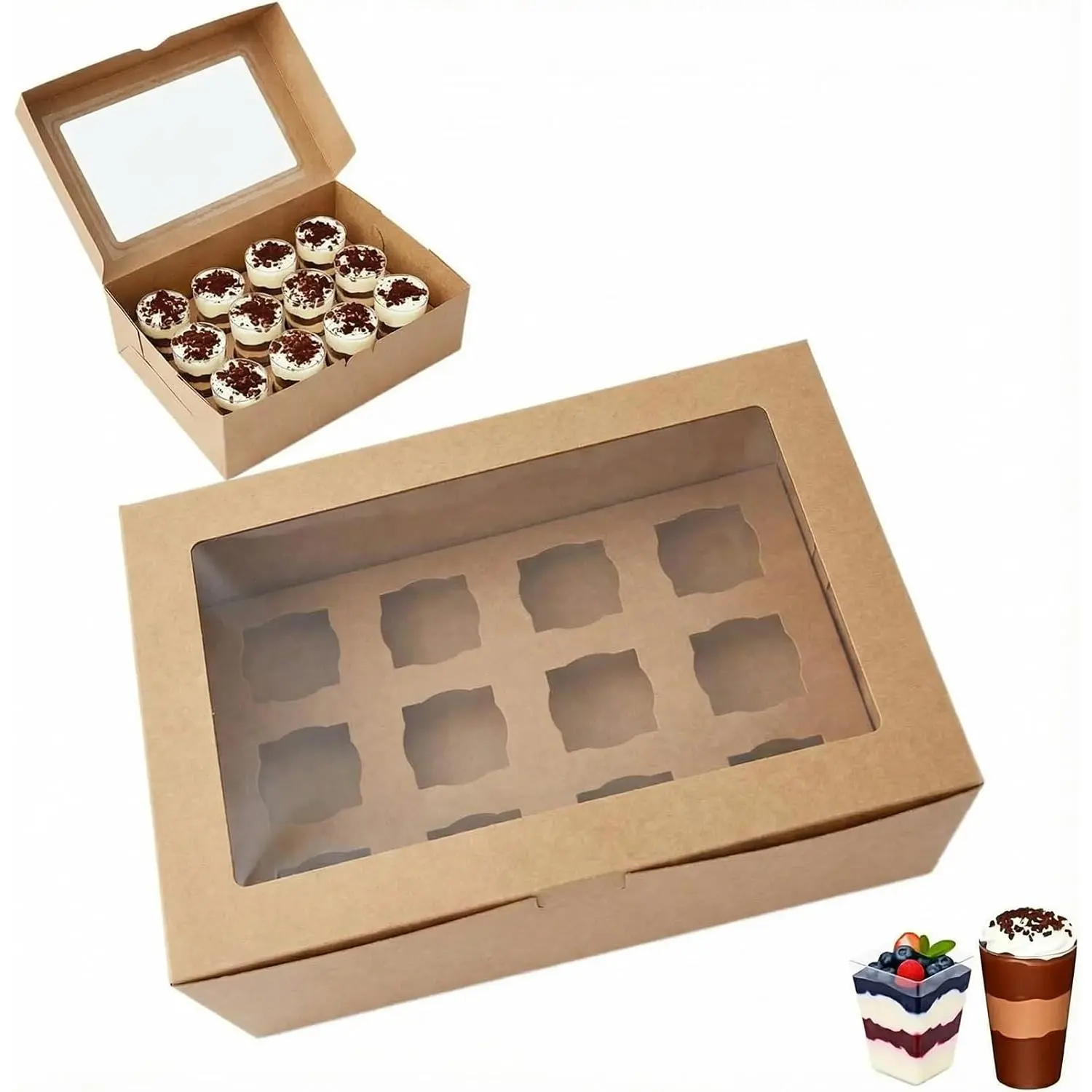Dessert Shooter Boxes, 2-Pack,Holds 12 Count 5 oz Dessert Shooters, -Grade Carrier Containers (Brown)