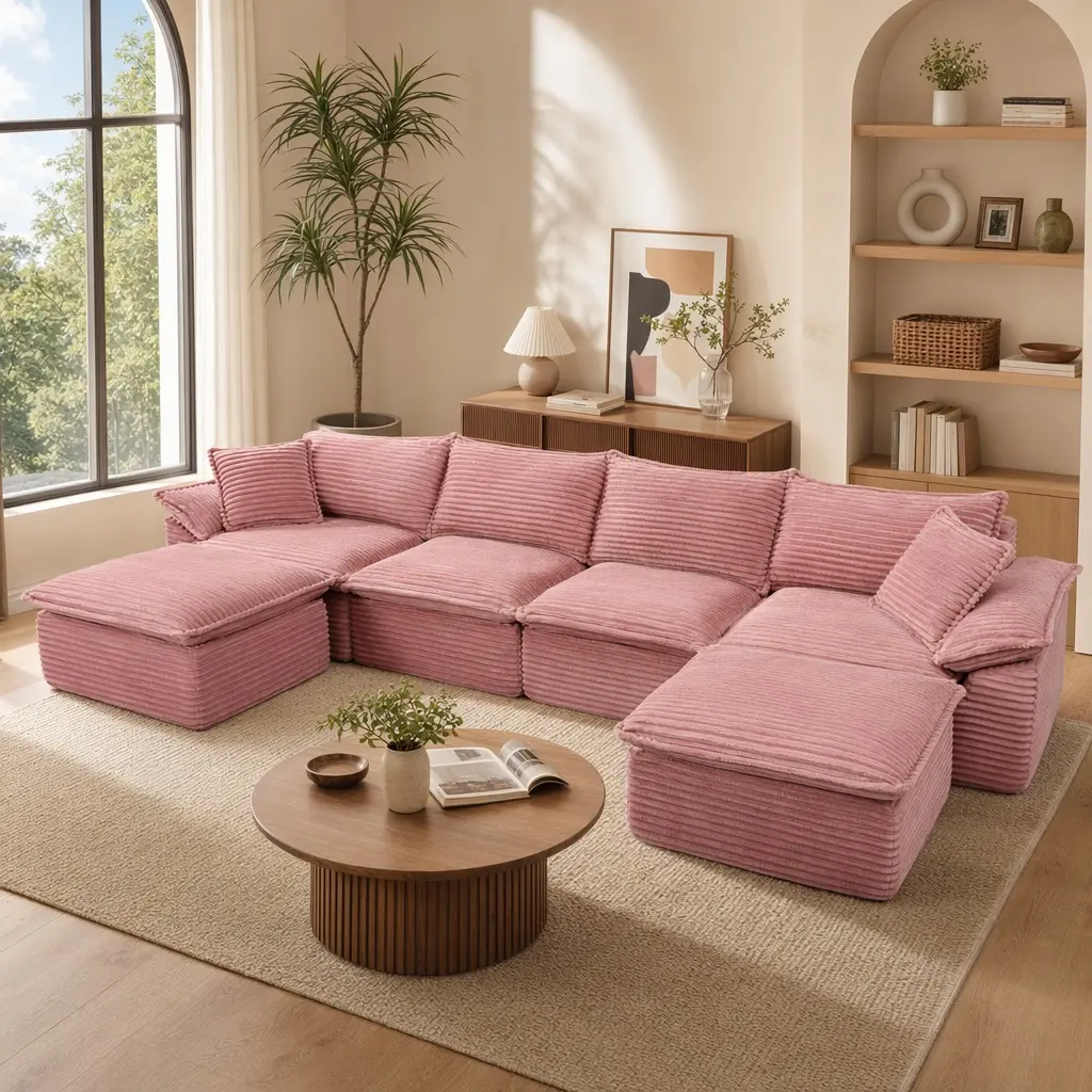 ARCH Oversized U-Shape Modular Sectional Sofa - 144in Corduroy Comfy Modern Couch, 6-Seat with Cushion, Movable Ottoman, Pillow Top Arms, Sponge-Cotton Foam, No Assembly Needed, Pink, for Living Room