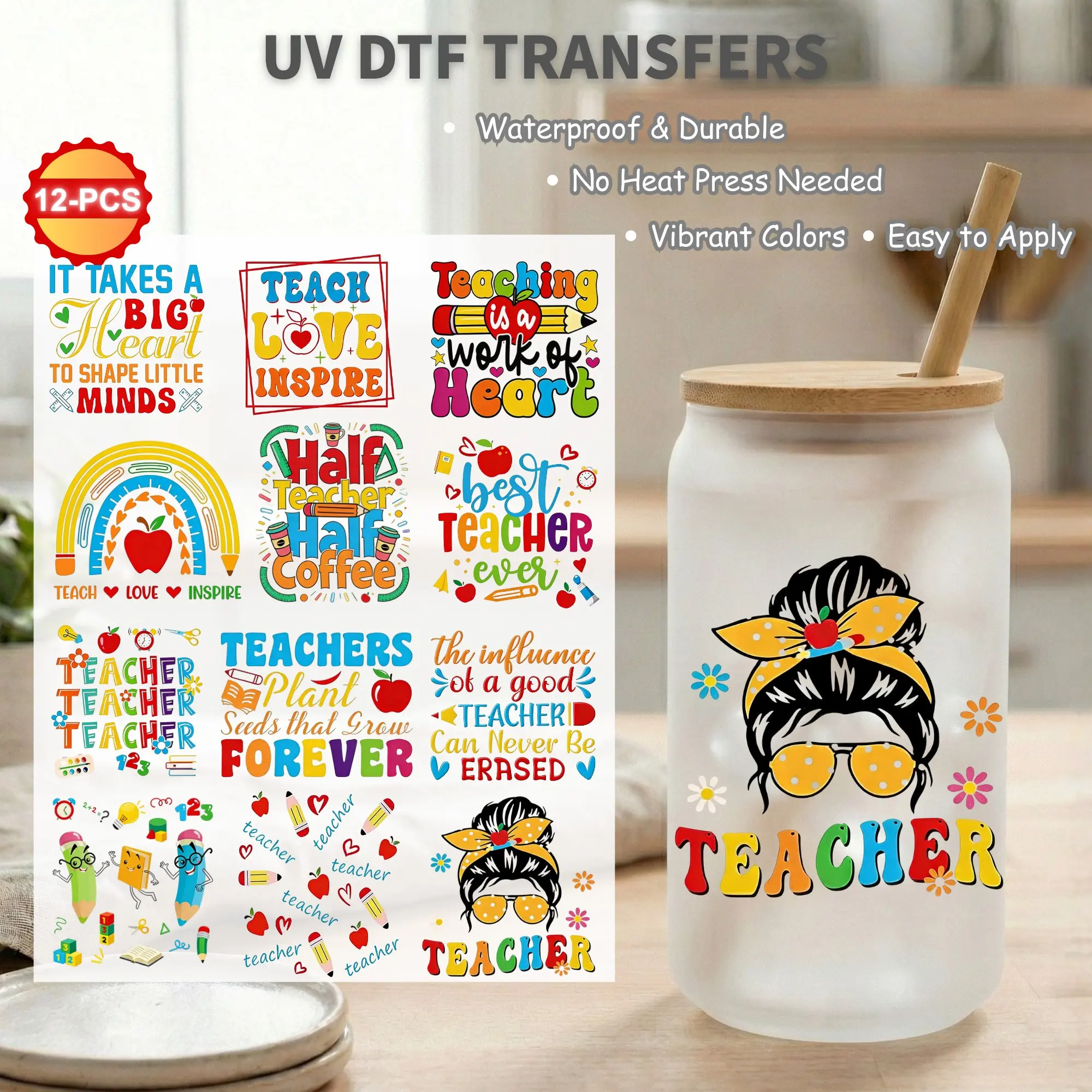 12pcs UV DTF Cup Wraps Decals, Waterproof Self-Adhesive Transfer Paper for Mug & Water Bottle, 3D Crystal Labels, High Quality DIY Crafts, Diy Decorative Stickers