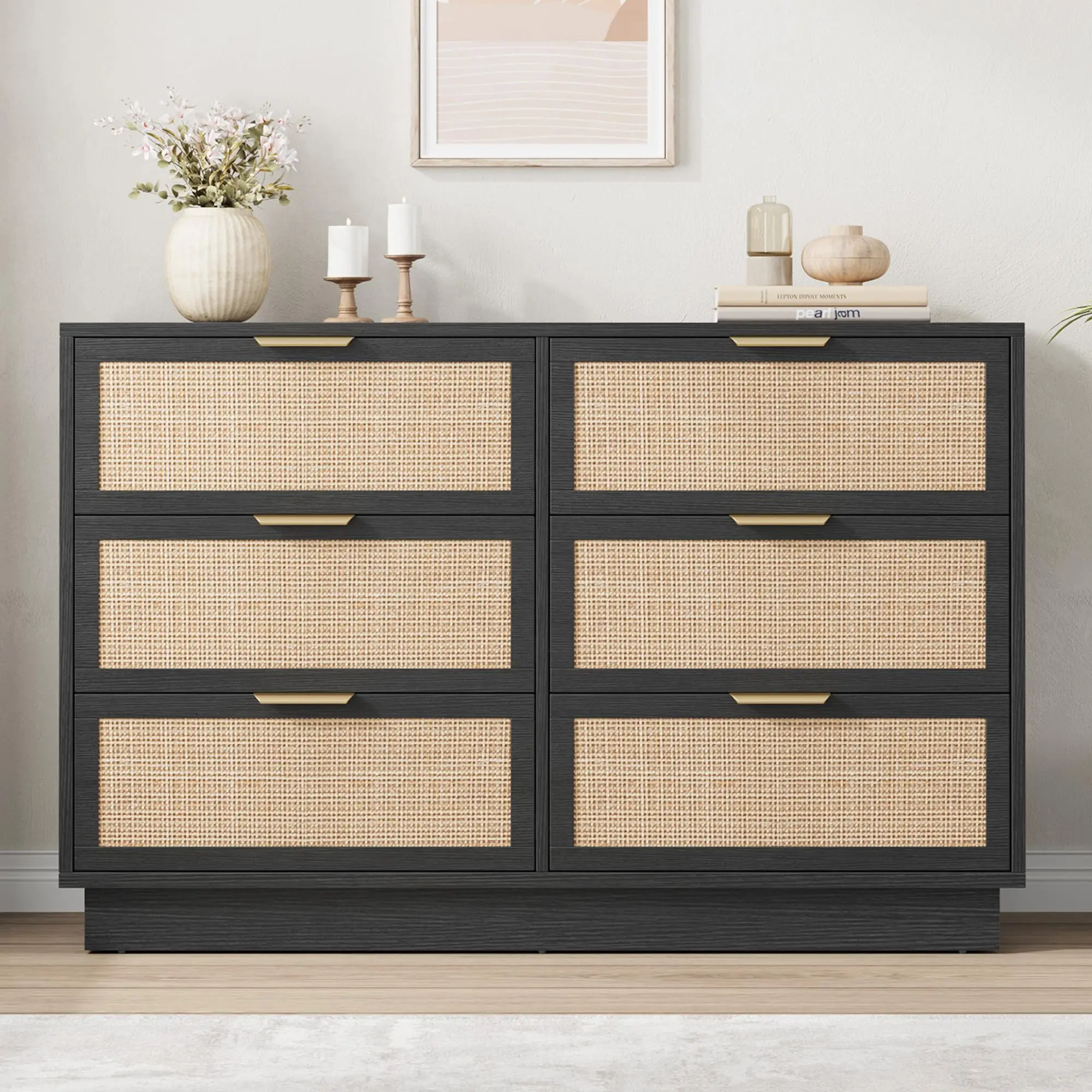 Garvee  MDF+PB Horizontal Narrow Edge Rattan Woven 6-Drawer Chest - Durable, Stylish, Space-Saving, Easy Assembly, Versatile