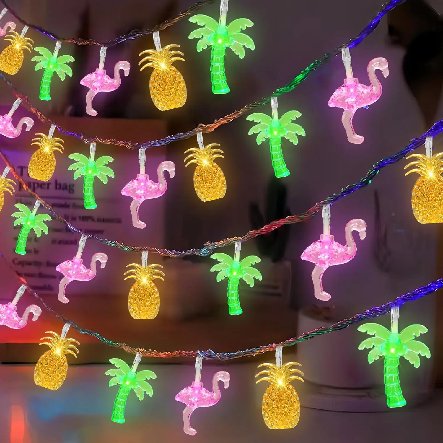 Waterproof Tropical Beach Hawaiian String Lights Set - 30LED 16Ft Battery-Powered Ornaments with Flamingo, Pineapple, Palm Tree Designs for Decoration, Baby Shower, Balcony of a Retirement Villa (Outdoor/Indoor Use) with 6-Hour On/18-Hour Off Timer