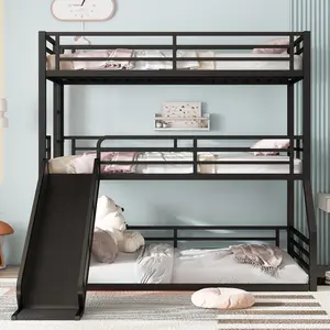 ARCH Twin over Twin over Full Triple Bunk Bed with Slide, Heavy-Duty Metal Frame, Safety Guardrails, Noise-Reduced Design, Black Finish, Space-Saving Kids Bedroom Furniture, Multiple Size Options, Bedroom Furniture for Bedroom, Guest Room