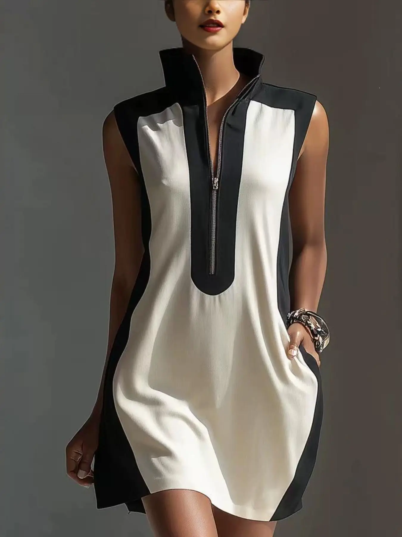 Stand Collar Half-Zip Colorblock Straight Dress, Adjustable Neck Opening, Office Wear, Elegant and Professional, Daily Commute Fashion