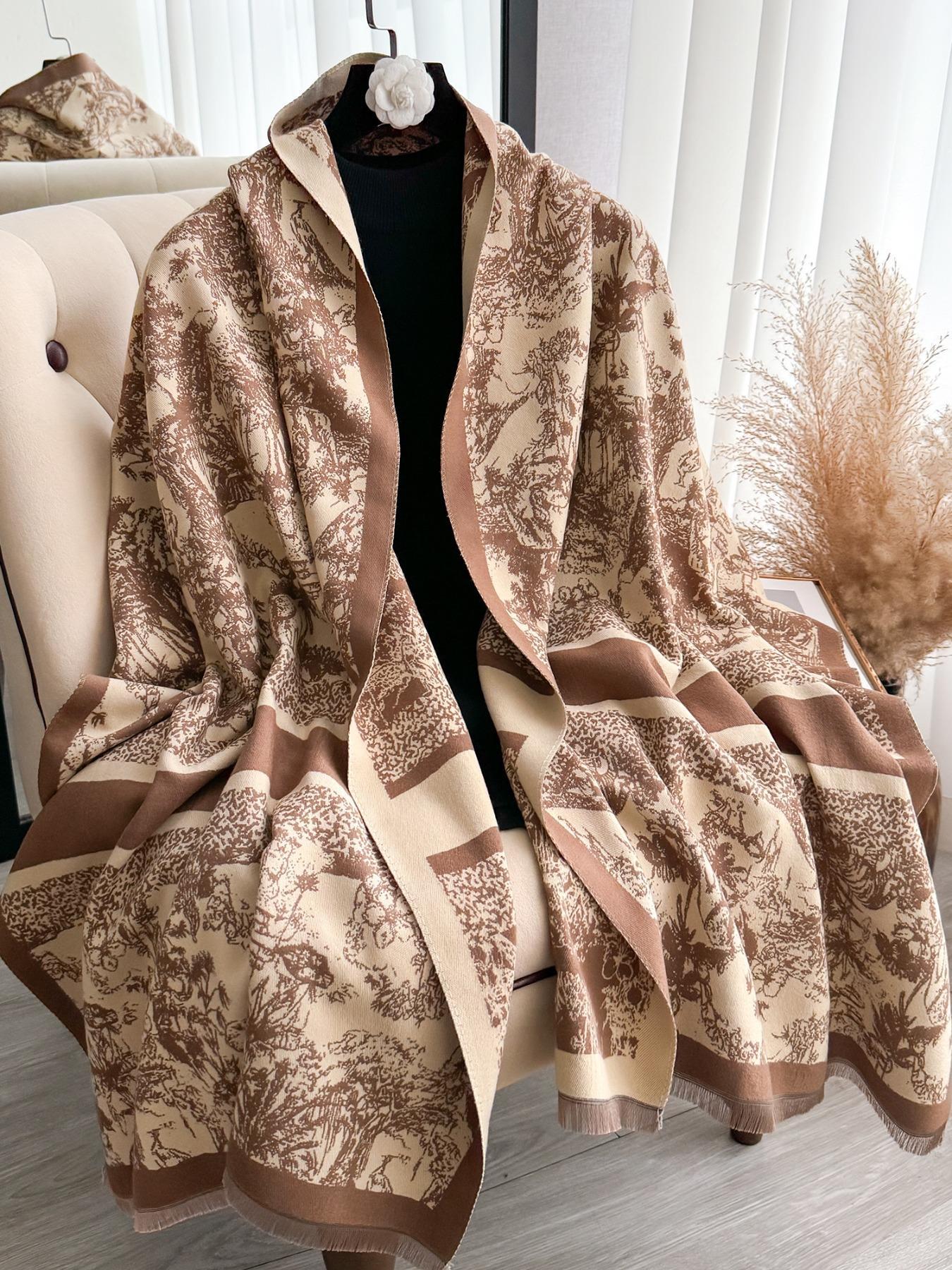 Women's Boho Style Plants Print Double Sided Shawl, Casual Trendy Floral Embroidered Scarf for Fall & Winter, Fashion Accessories for Daily Wear