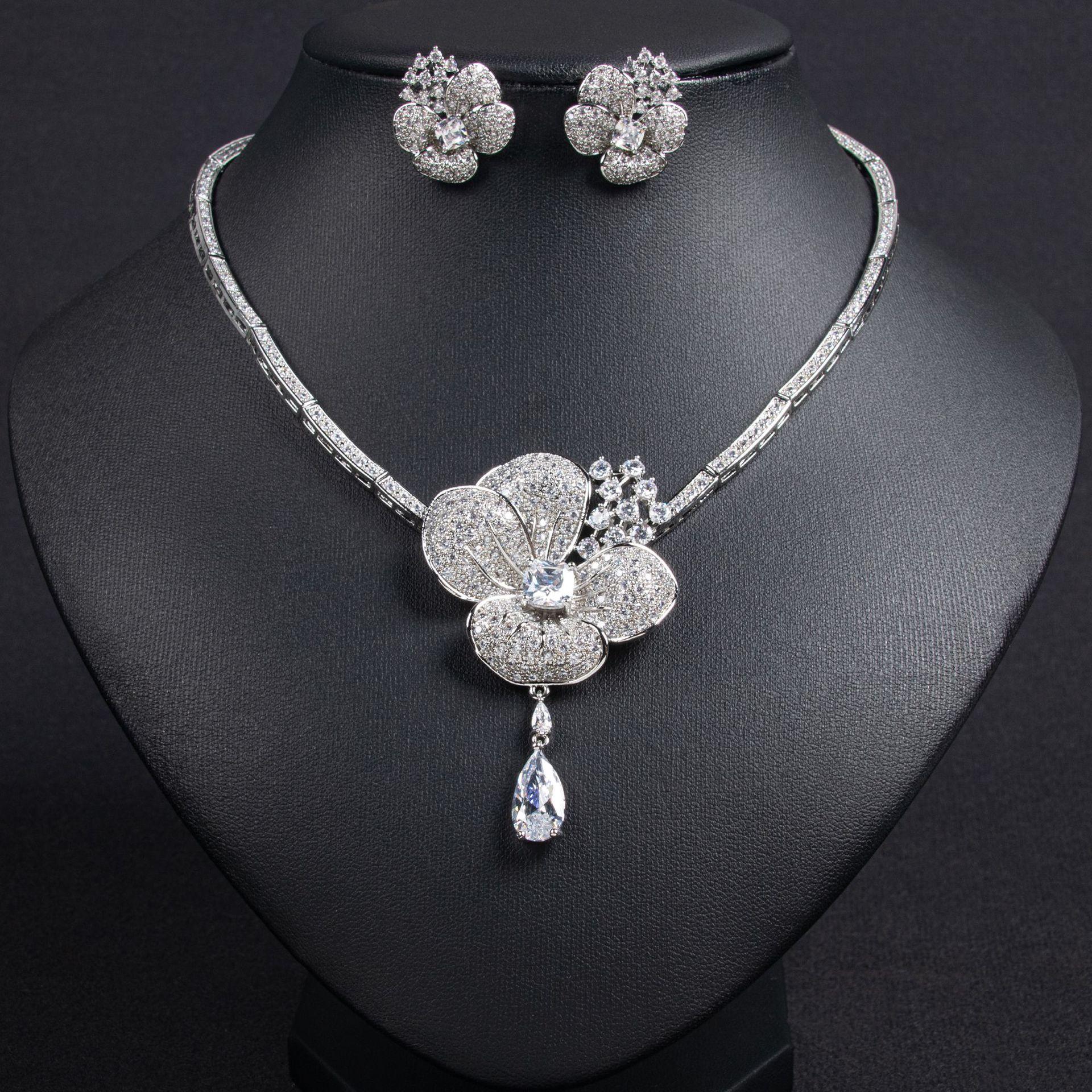 Luxury Floral Zircon Jewelry Set, Bridal Wedding Necklace & Earrings, Statement Bridal Prom Accessory