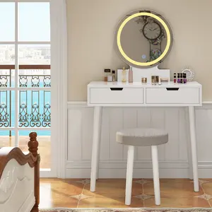 Modern Makeup Vanity Desk with Touch Light Mirror, 2 Drawers, Stool, Ample Storage – Bedroom Dressing Table for Beauty and Organization