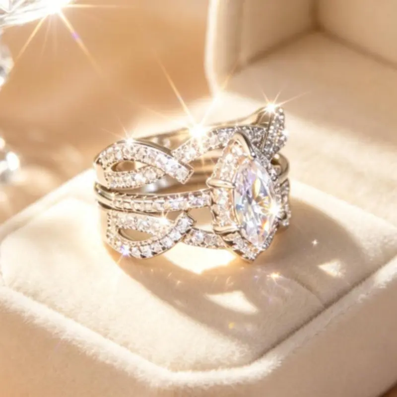 2pcs Stackable Marquise  Ring Set - Vintage Infinity Design with Pave Accents, Ideal for Bridal & Formal Occasions