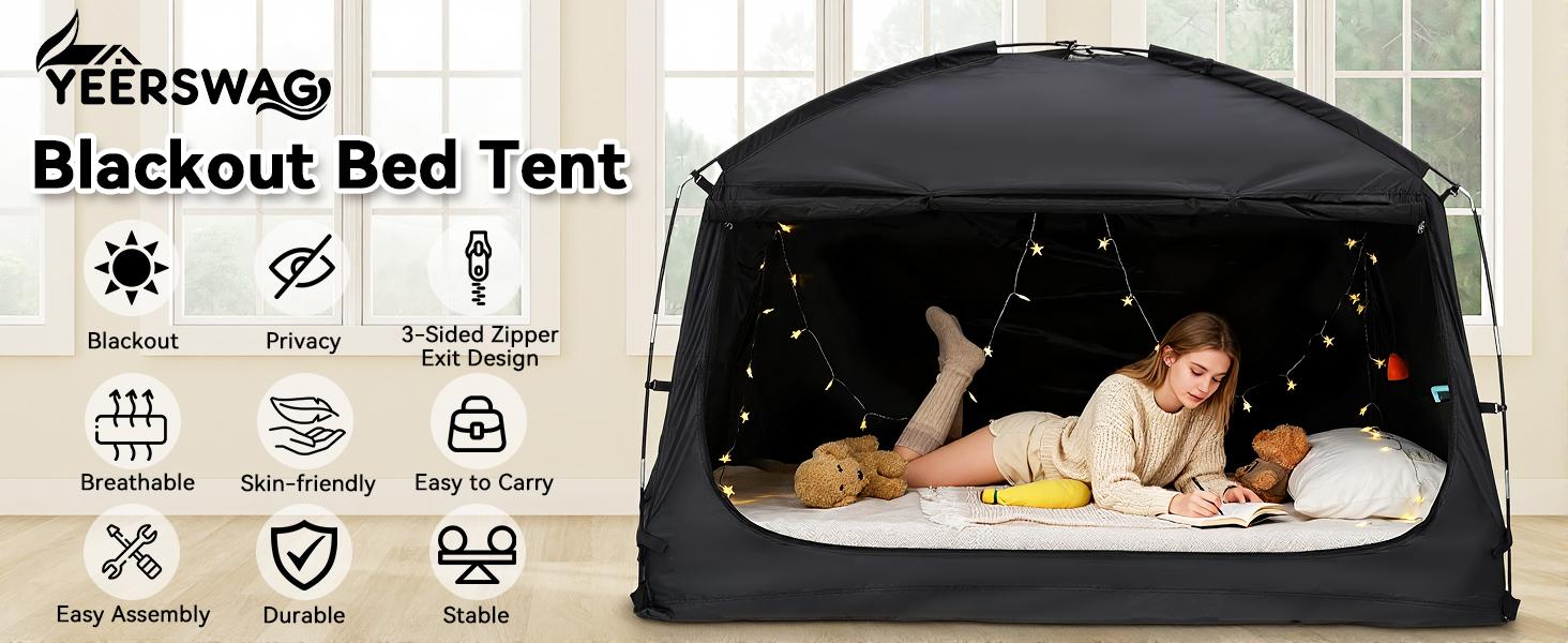 Twin Bed Tent for Adult and Kids, Blackout Bed Tents Reduction 99% Sleeping Tents for Indoor, Tent with Star Light & Bag Breathable Private with 3 Doors