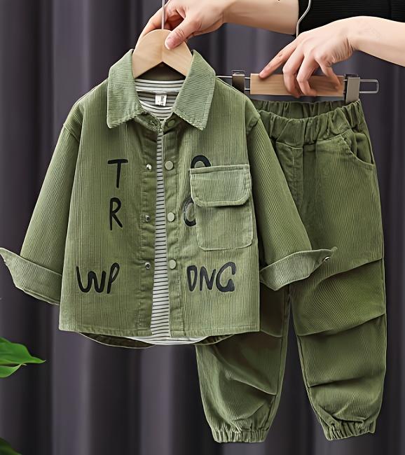New(New)Spring New Boys' Letter Corduroy Long Sleeve Set, Autumn Casual Turn- Collar Shirt and Pants Three-Piece Outfit, Perfect for Outdoor