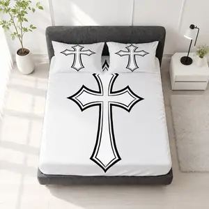 3PCS Cross Pattern Fitted Sheet Set, Gothic Faith Style Single-Sided Print Bedding Set, No Pillow Inserts, Includes 1 Fitted Sheet and 2 Pillowcases, Elastic Edge Mattress Cover Sheet, Soft Comfortable Bedding for Bedroom, Dorm, Apartment, Guest Room and