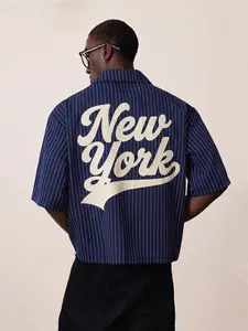 Indigo Vertical Stripe Short Sleeve Shirt, Back 'new York' Letter Print, American Vintage Style, Sleek Fit, Versatile and Stylish