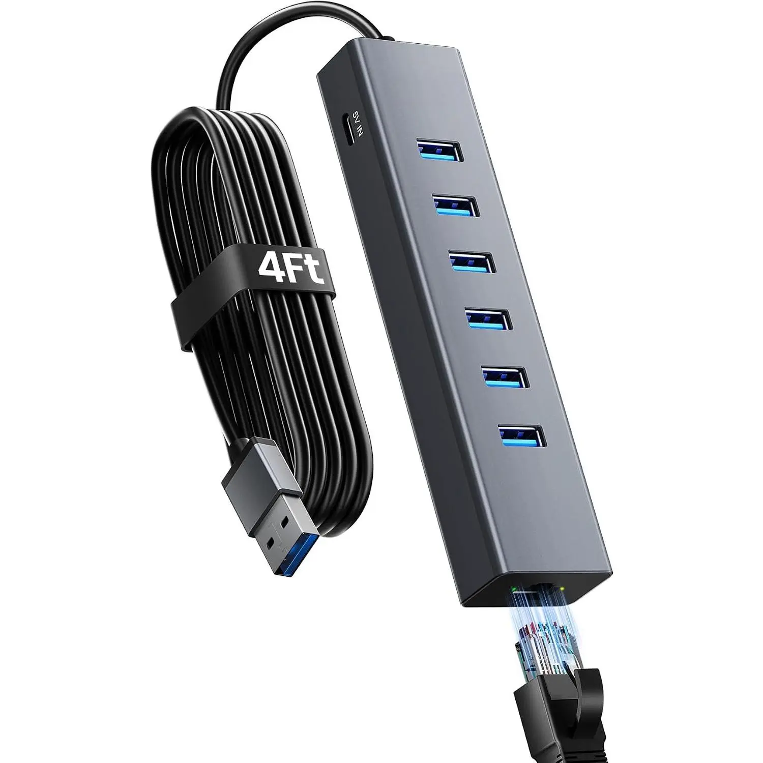 4FT USB to Ethernet Adapter, 7-in-1 USB Hub 3.0 Multiport Adapter with Ethernet 1Gbps & 6 USB 3.0 Port, USB Ethernet Adapter for Desktop, Laptop, MacBook, XPS Windows