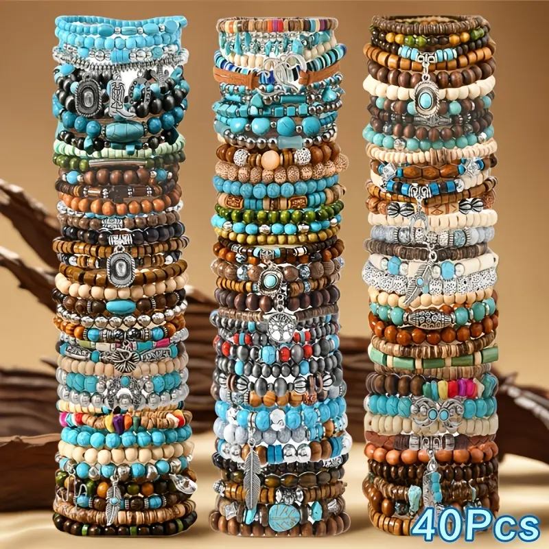 40pcs Random Vintage Western Styles Wooden Bead Bracelets Set for Women - Multi-Layer Assorted Colors Bracelet, Feather, Heart, Tree Charms, Summer Casual Style Daily Wear Jewelry, Ideal Holiday Gift