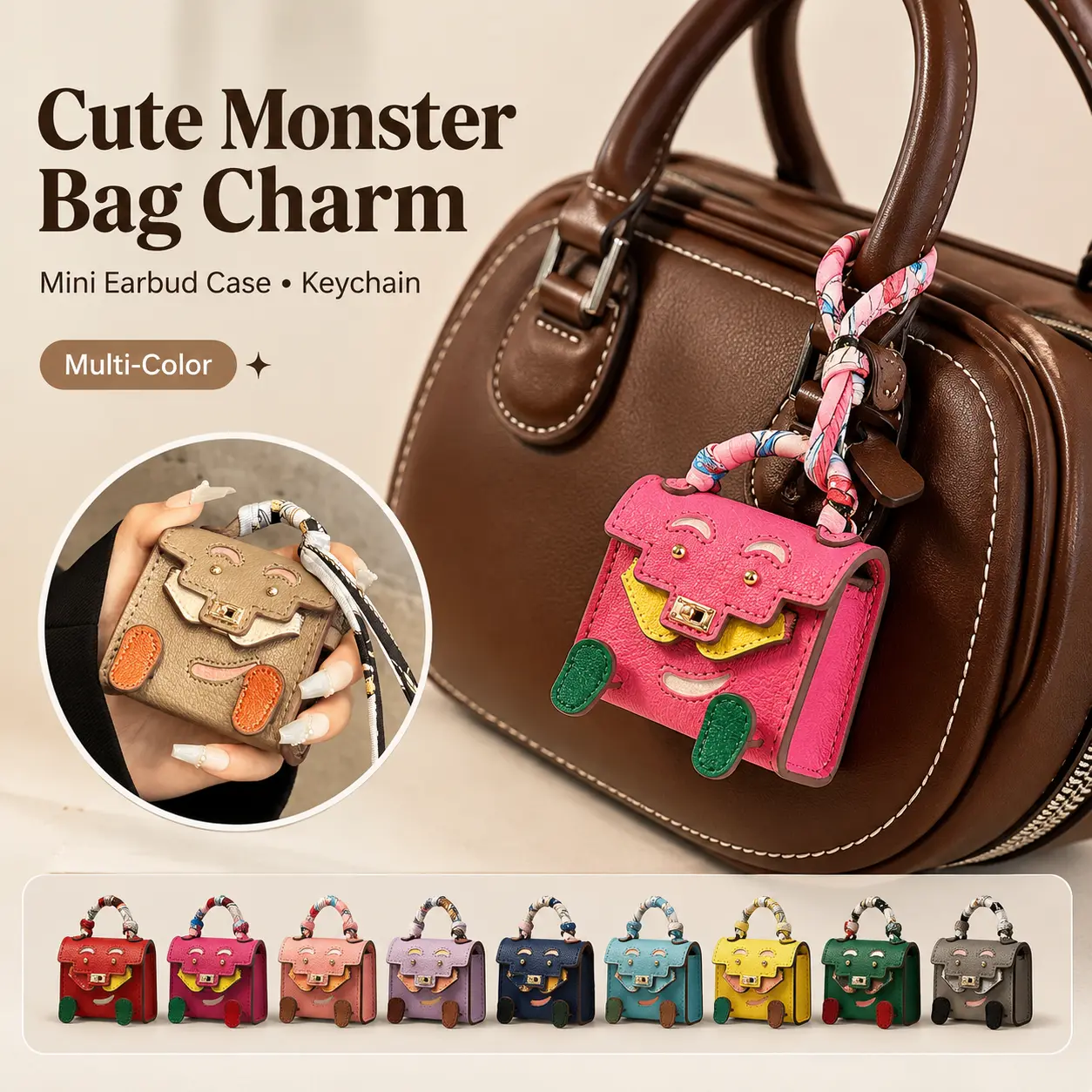Cute Mini Monster Earbud Bag Charm. Adorable small pouch stores earphones and attaches to car keys as hanging decor. Lovely portable pendant ornament perfect for daily bags and car interior use.