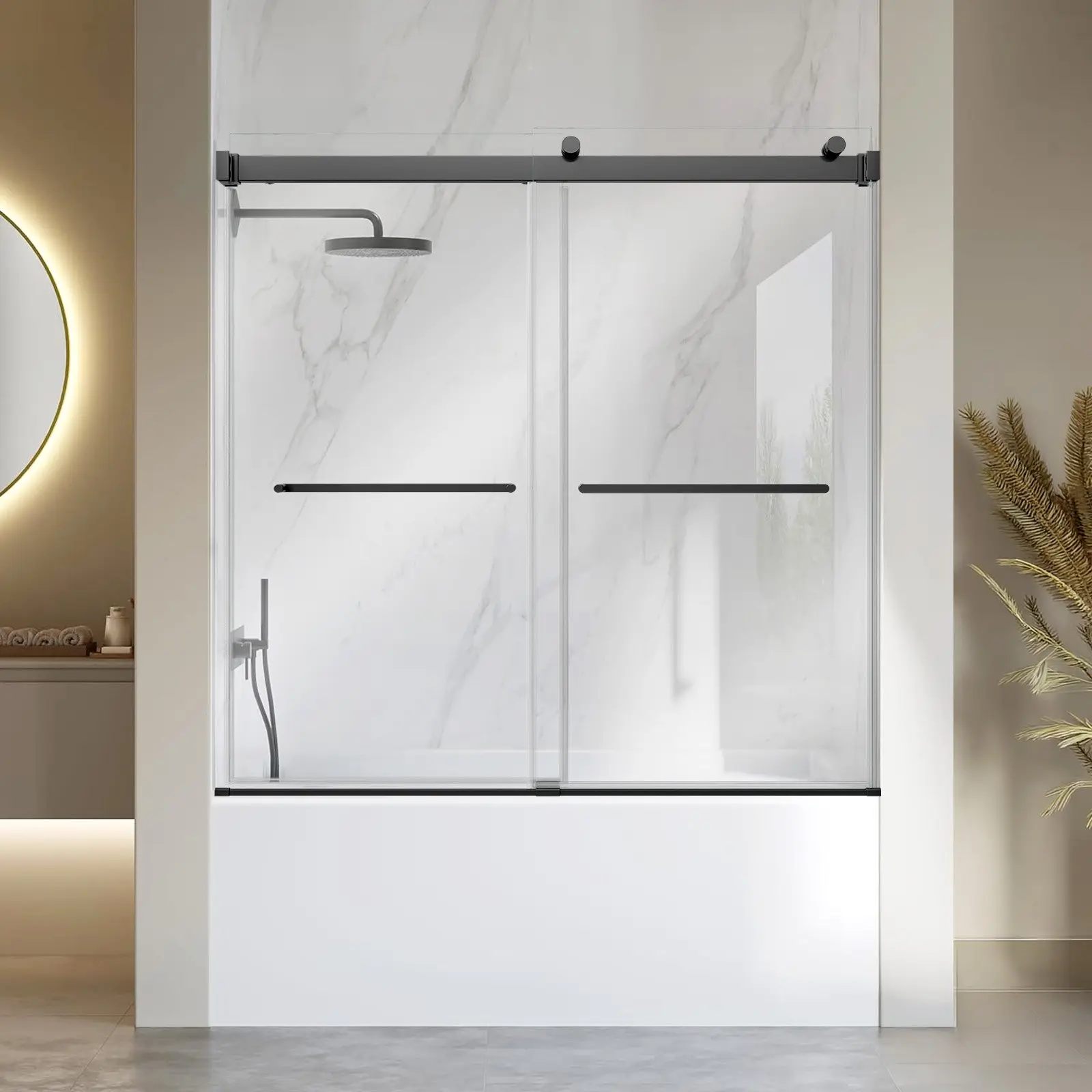 VEVOR Bathtub Shower Door 60"Wx 60"H Frameless Bypass Sliding Doors Black, 5/16" Clear Tempered Glass, Double Sliding Tub Shower Doors with 2 Stainless Steel Handles, Nano Coating, for Bathroom Tubs