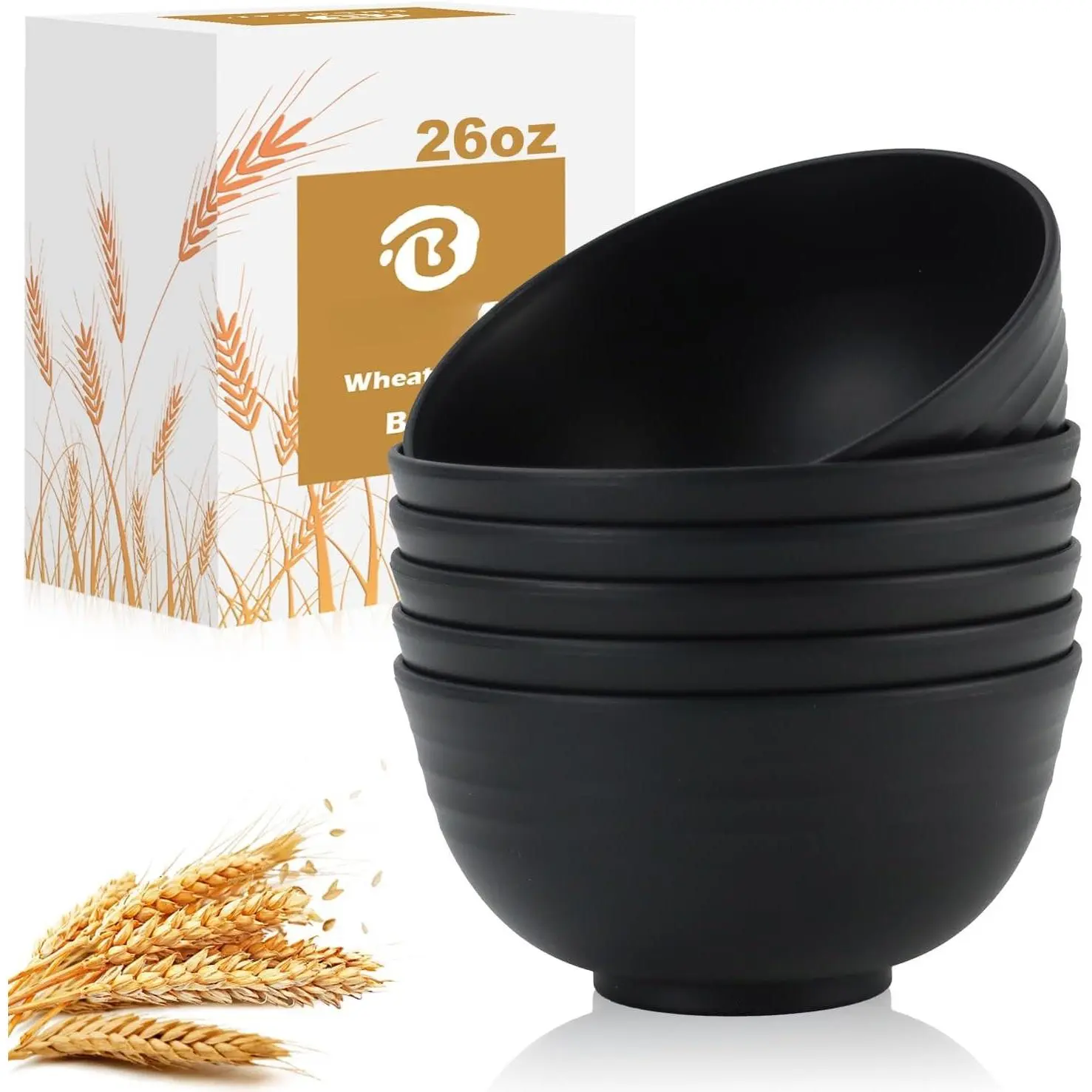 Ramen Bowl 26oz, Unbreakable Wheat Straw Bowls Sets of 6, Plastic Bowl , Microwave & Dishwasher Safe Cereal Bowls for Kitchen, Dorm, Office- Black