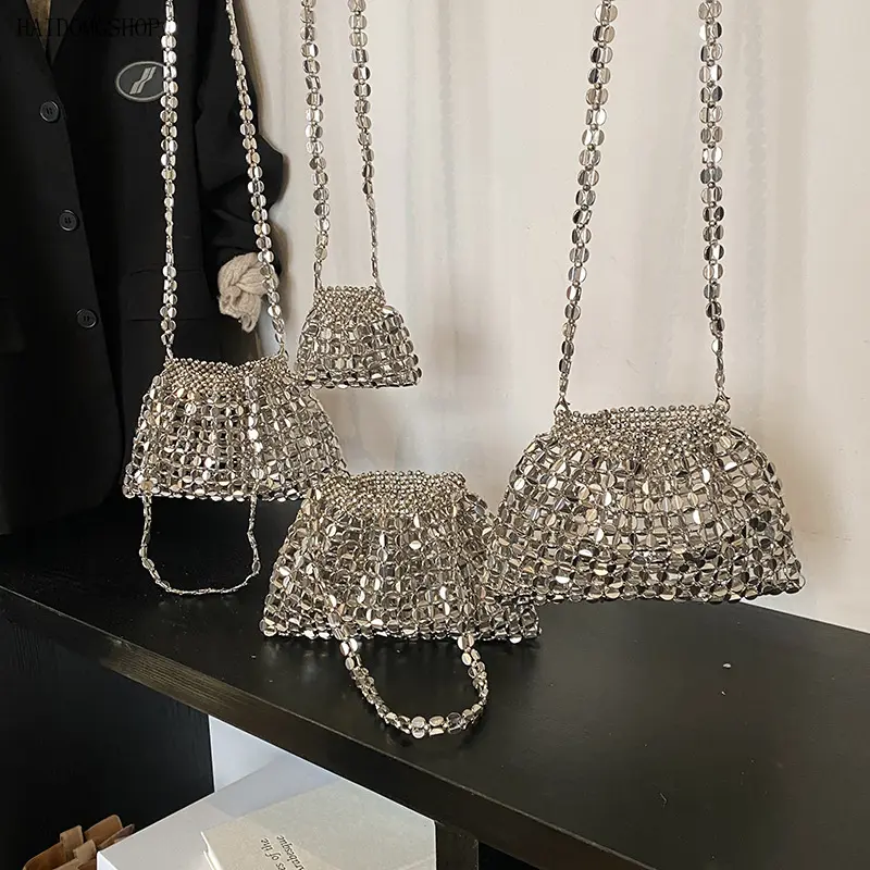 Women's Korean-Style Retro Shiny Sequin Bucket Bag, Handmade Beaded Crossbody Shoulder Purse for Vacation, Commuting