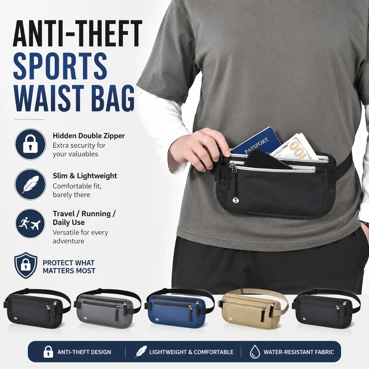 Lightweight Anti-Theft Waist Bag, Casual Waist Bag, Zipper Fanny Pack, Breathable Nylon Material, Adjustable Strap Design, Ideal for Travel & Daily Use, Unisex Passport Wallet, Lightweight Waist Bags
