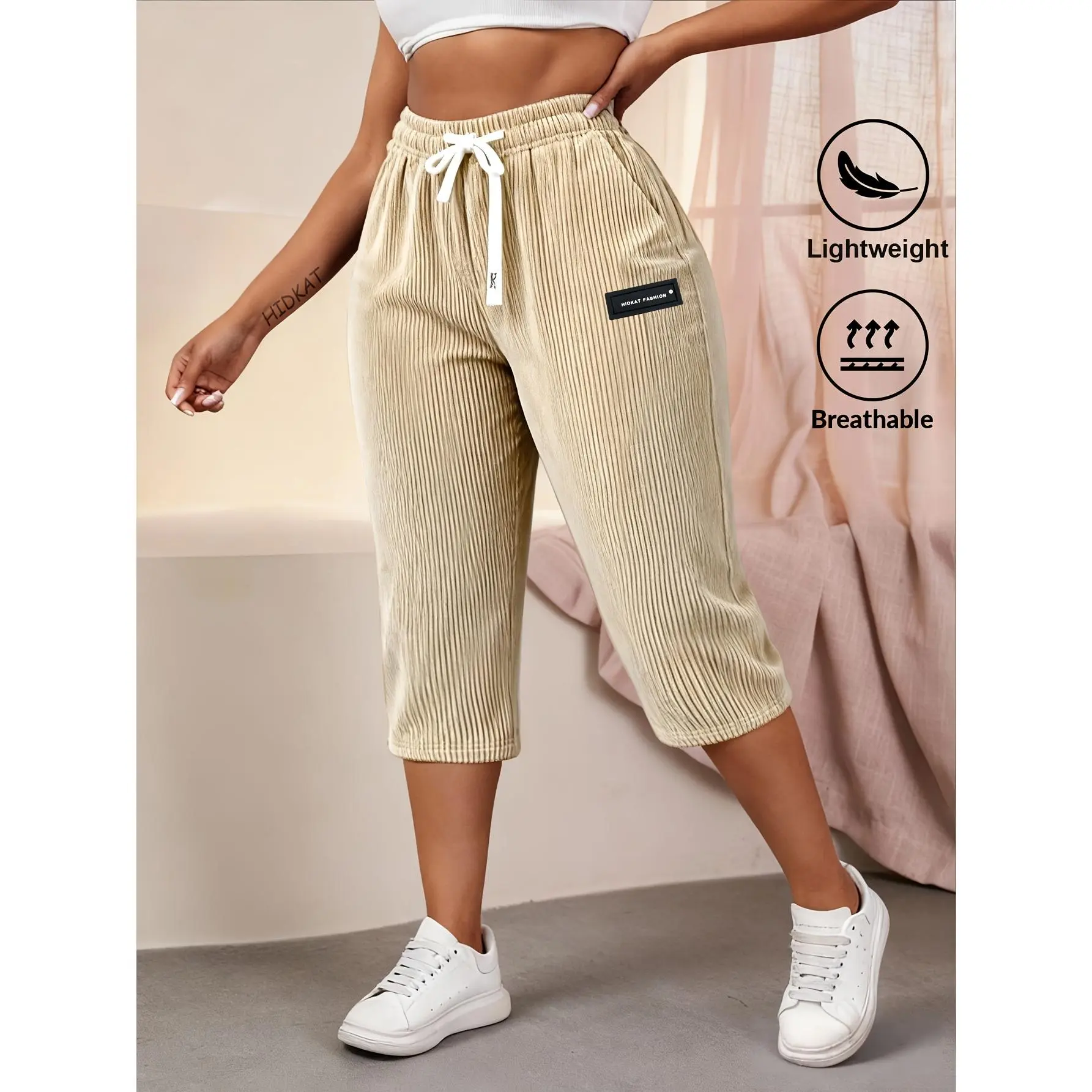 Women's Solid Color Corduroy Sporty Joggers Capri Bottoms - Lightweight Breathable, Adjustable Drawstring Waist, Casual Length for Summer Outdoor & Daily Wear, Hand Washable