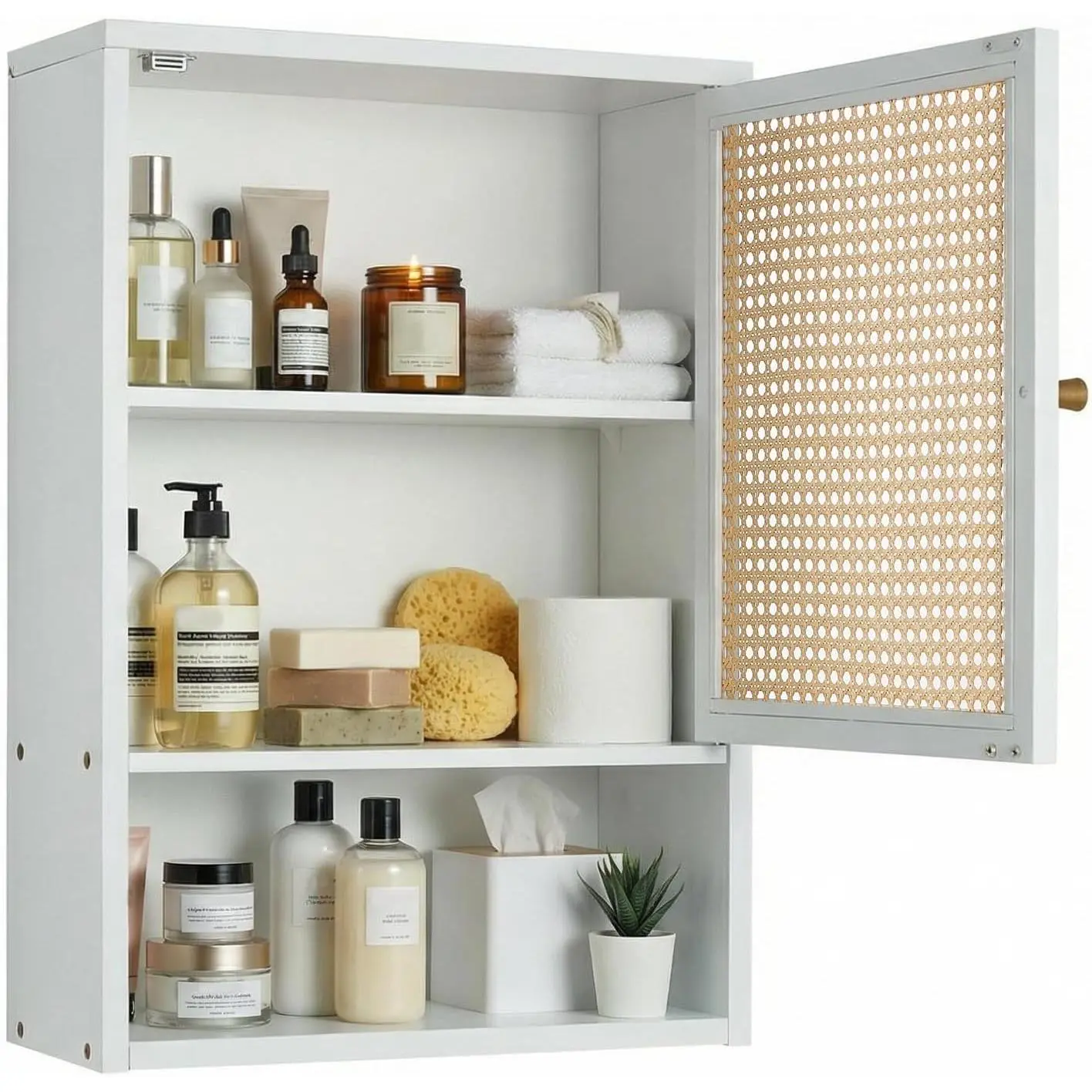 Bathroom Wall Cabinet, Above Toilet Storage Cabinet Bamboo Medicine Cabinets Wall Mount with Rattan Doors and Adjustable Shelf, Space Saver Cabinet Storage for Kitchen, Laundry, Living Room White