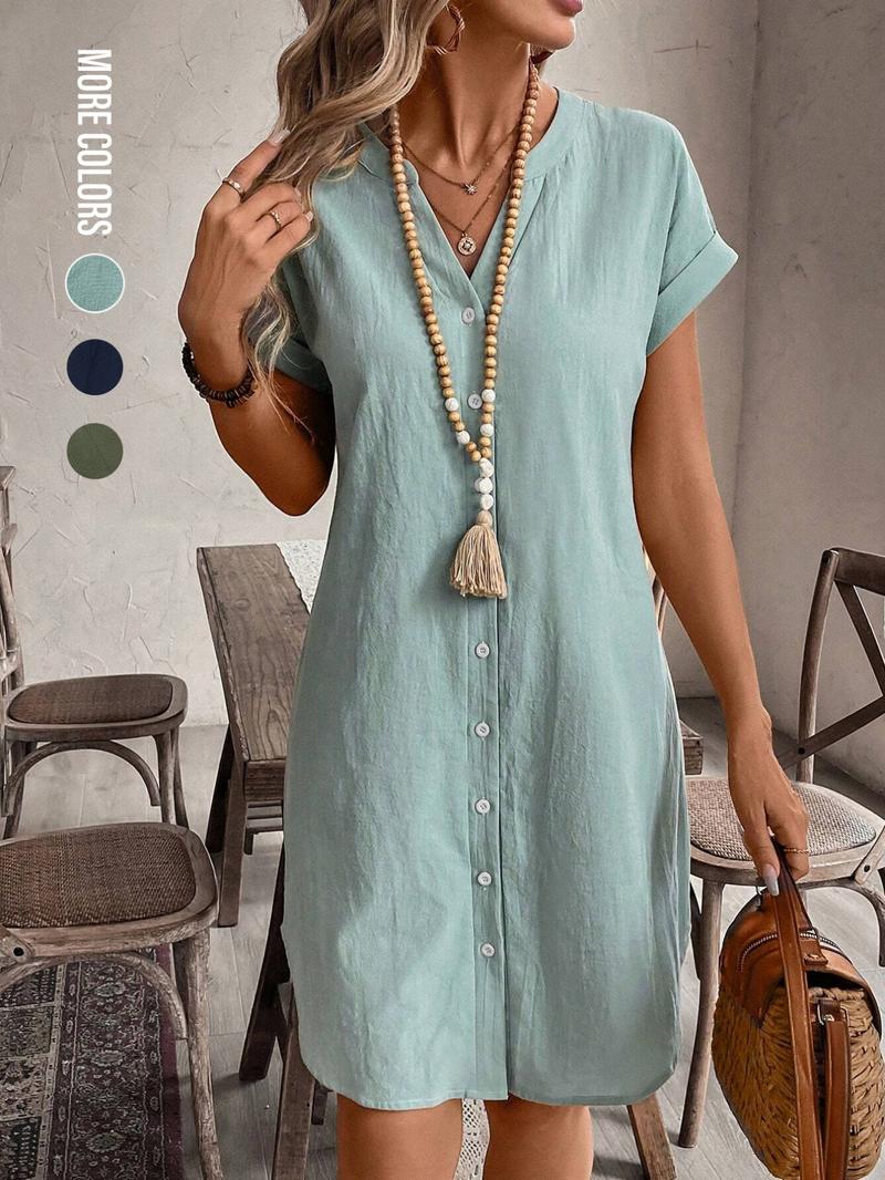 Women's Plain Notched Neck Batwing Sleeve Button Front Dress, Casual Short Sleeve Short Dress for Summer, Ladies Clothes for Daily Wear, Casual Everyday Wear