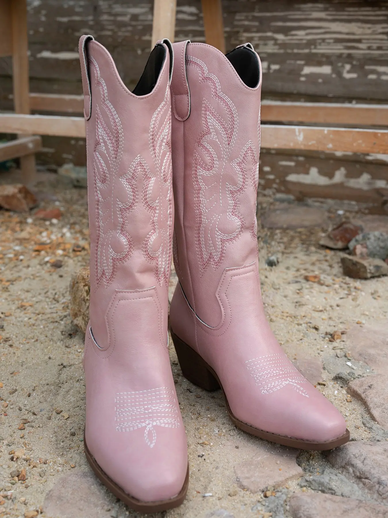 Trendy Colorblock Embroidered Tall Western Boots, Dual Pull Tabs Thick Heel Pointed Toe Knight Boots, Perfect for Outdoor Events