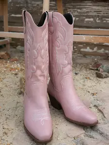 Trendy Colorblock Embroidered Tall Western Boots, Dual Pull Tabs Thick Heel Pointed Toe Knight Boots, Perfect for Outdoor Events