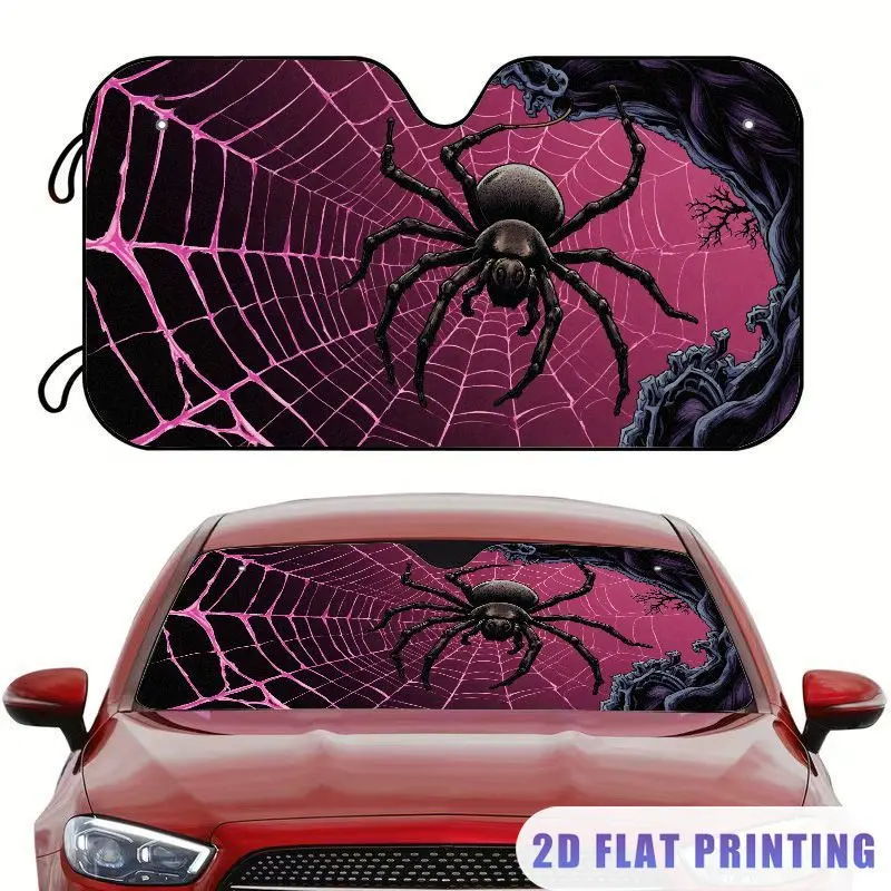 1pc 2D FLAT PRINTING Menacing Black Spider Web Sun Shade for Car Windshield, Extreme Heat Blocking, Intense UV Protection, Daytime Privacy Screen, Fits Front Window for Summer Driving And Road Trips, Car Window Cover