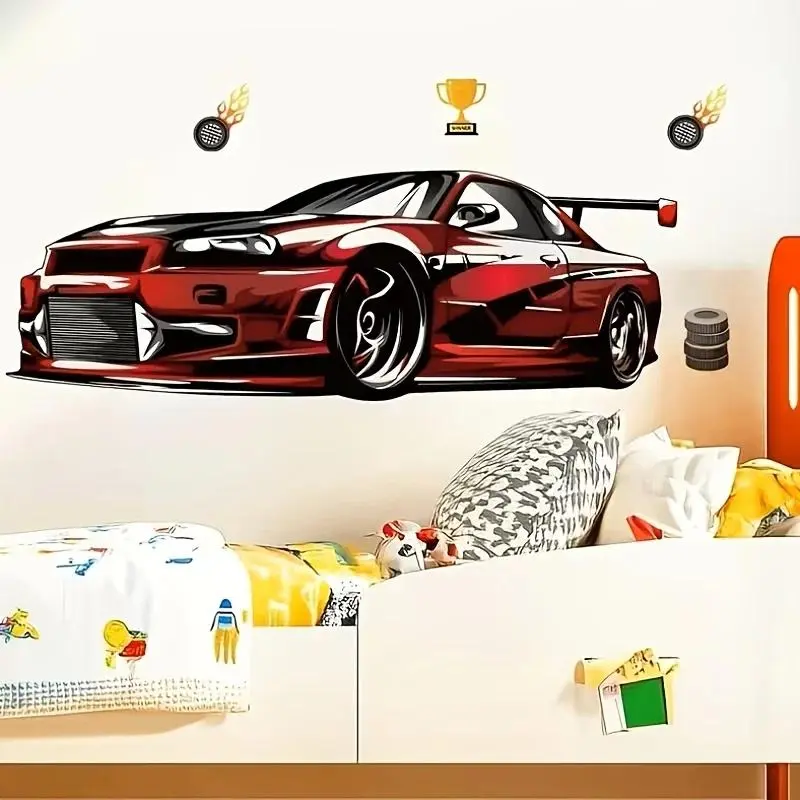 A red sports car theme wall sticker, suitable for boys' rooms, bedrooms, living rooms and garages, is a creative gifts for car lovers.