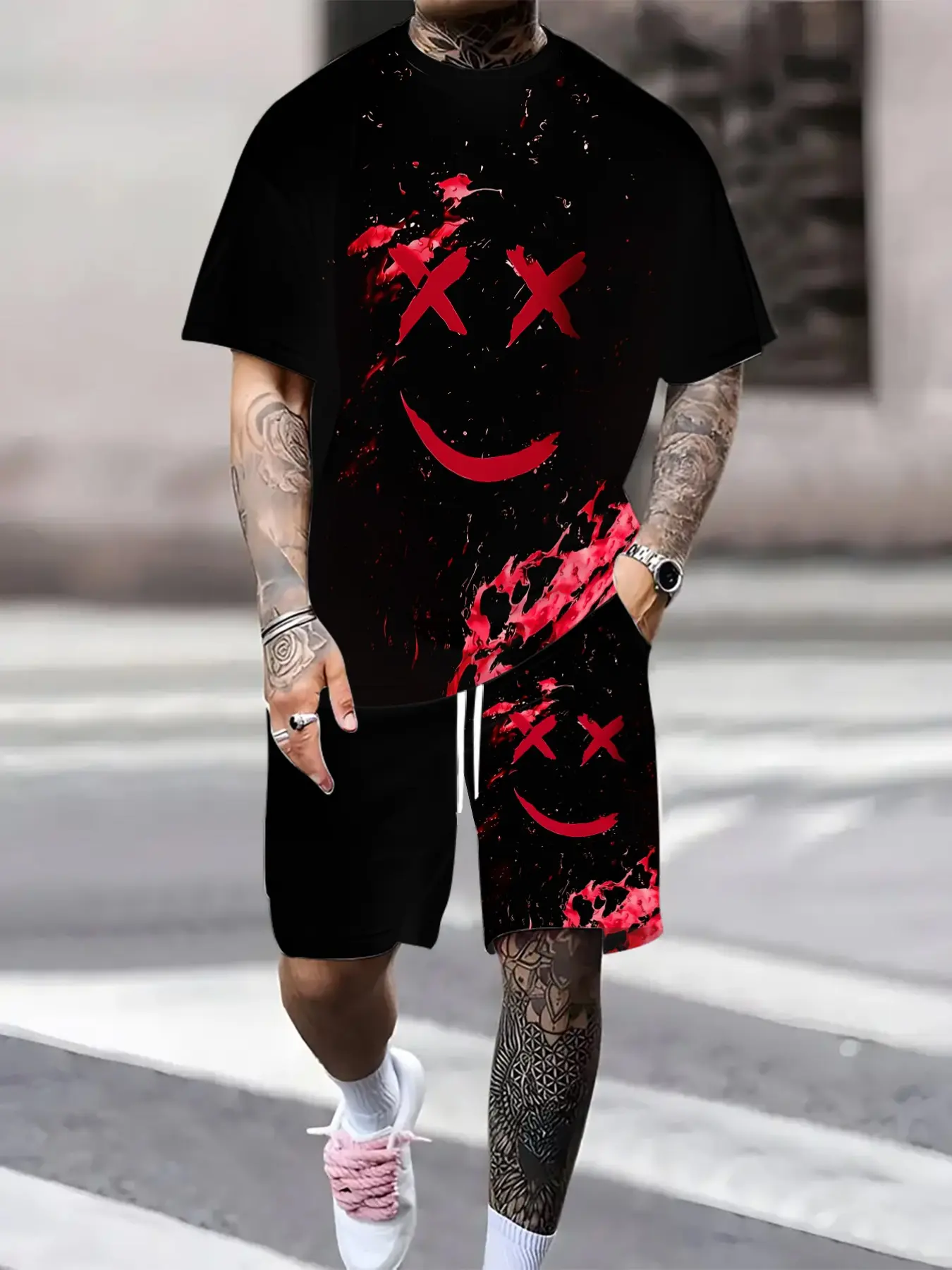 Men's Summer Gaming Set, Fitted Set, Short Sleeve Tee and Shorts, Knee-Length, Casual Slim-Fit, Print Pattern, All-Season Fashion, Menswear