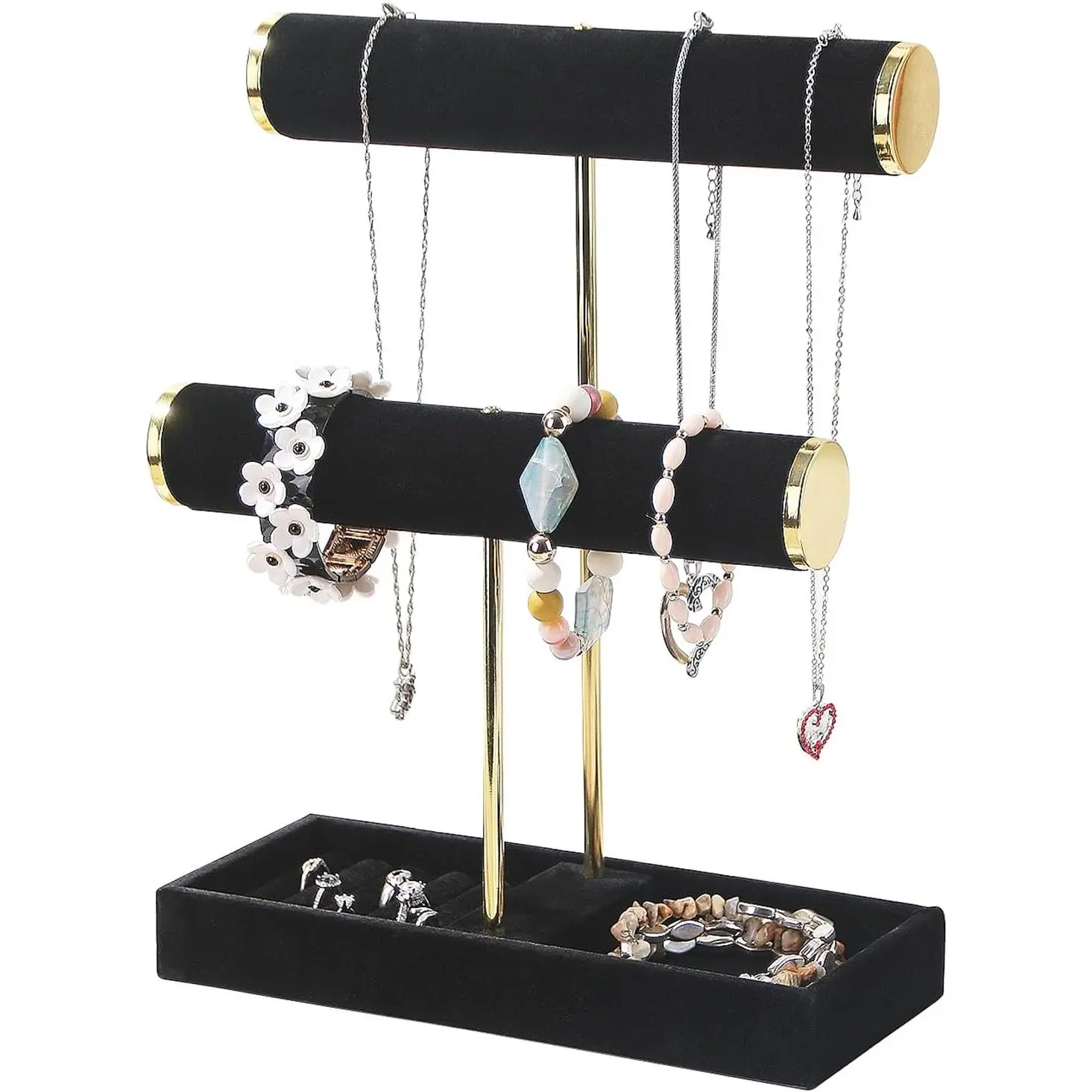 Black Freestanding 2-Tier Jewelry Organizer Rack - Jewelry Display with Earrings Rings Tray, Necklace, Bracelet, Scrunchies & Watches Storage (Home Organizer)