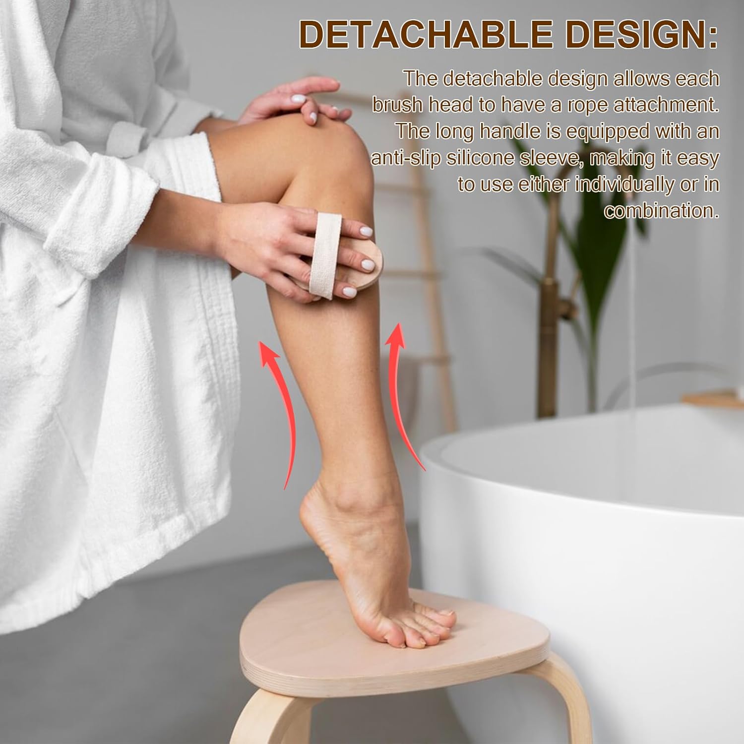 Dry Brushing Set - Natural Boar Bristle Body & Face Brush, Wooden Long Handle Scrub Brush for Cellulite & Lymphatic Drainage, Detachable, 3 Brush Heads Gift Silicone