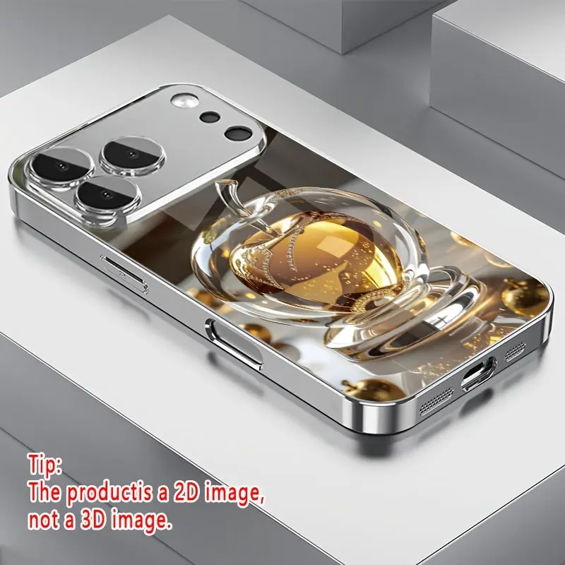 1PC 2D Flat Print Crystal Clear Brilliant Gold Apple Pattern Silver Electroplated HD Glass Phone Case, suitable for iPhone 17/16/15/14/13/12/11 ProMax/Pro/Plus