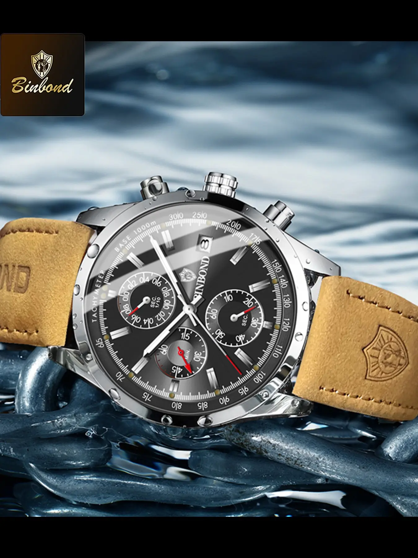 Binbond Men's Quartz Watch, Luxurious Night Glow Waterproof Automatic Date Timer, Genuine Leather Men's Watch, Original Brand, Luminous Analog Watch