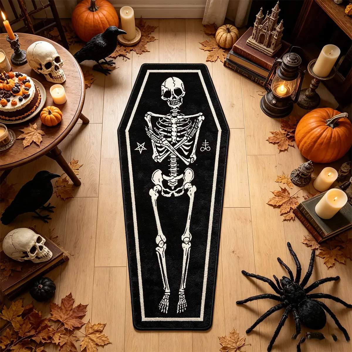 Coffin Shape Rug, Complete Skeleton Design, Halloween Carpet, American Vintage Gothic Halloween Decor, Bedroom Bedside Mat, Living Room Rug