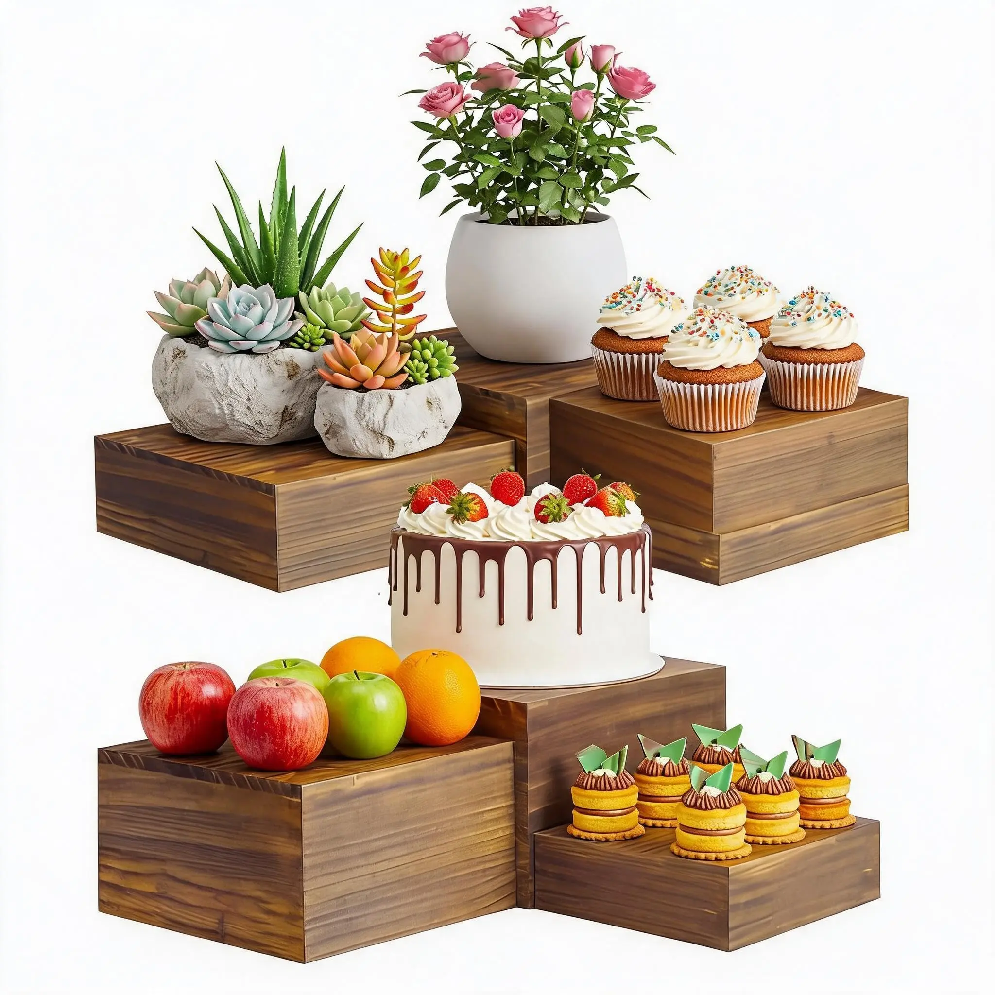 6-Pack Wooden Cake Stands 🎂 Nesting Dessert Risers for Weddings, Parties & Home Decor