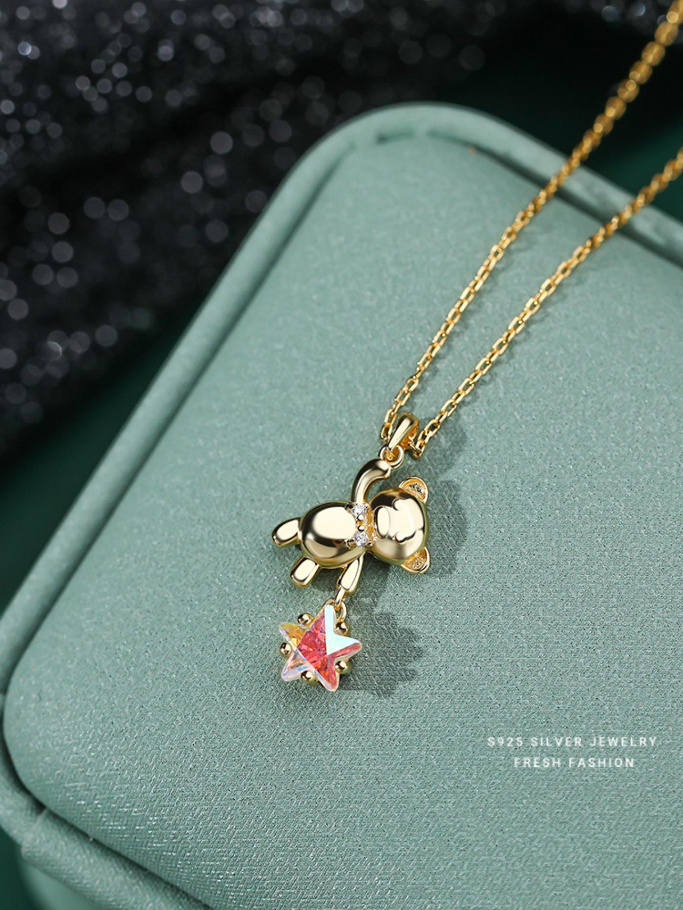 S925 Sterling Silver Cute Bear & Star Design Pendant Necklace, Animal Pendant, Fashion Jewelry for Party, Daily Decor, Trendy All-match & Exquisite Jewelry for Birthday Gift
